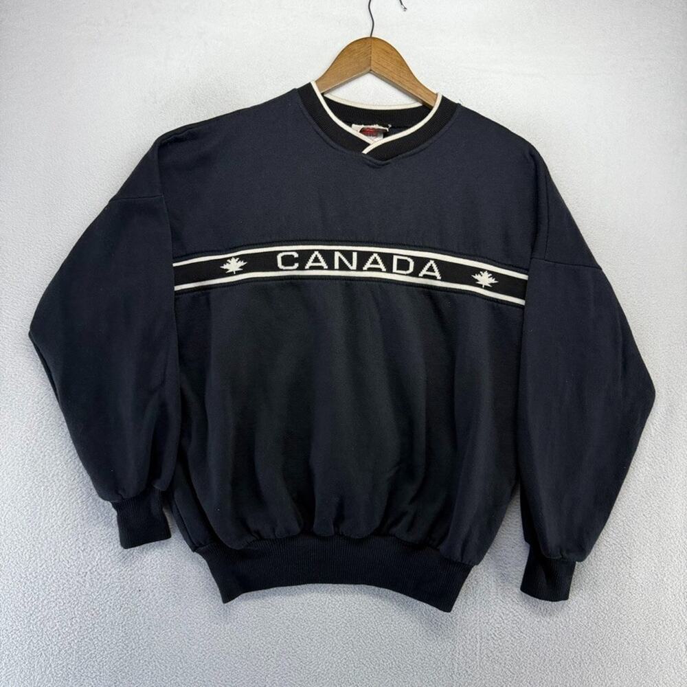 Vintage Canada Sweater Adult medium Black White Spellout Pullover 90s Light